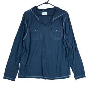 Free Planet Mens Sweatshirt Black Hoodie Henley Long Pullover Stretch Large